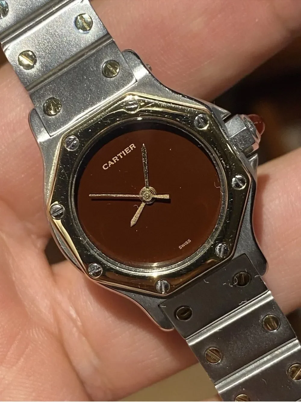 Cartier Santos Octagon Burgundy 18k SS SM 24mm automatic
